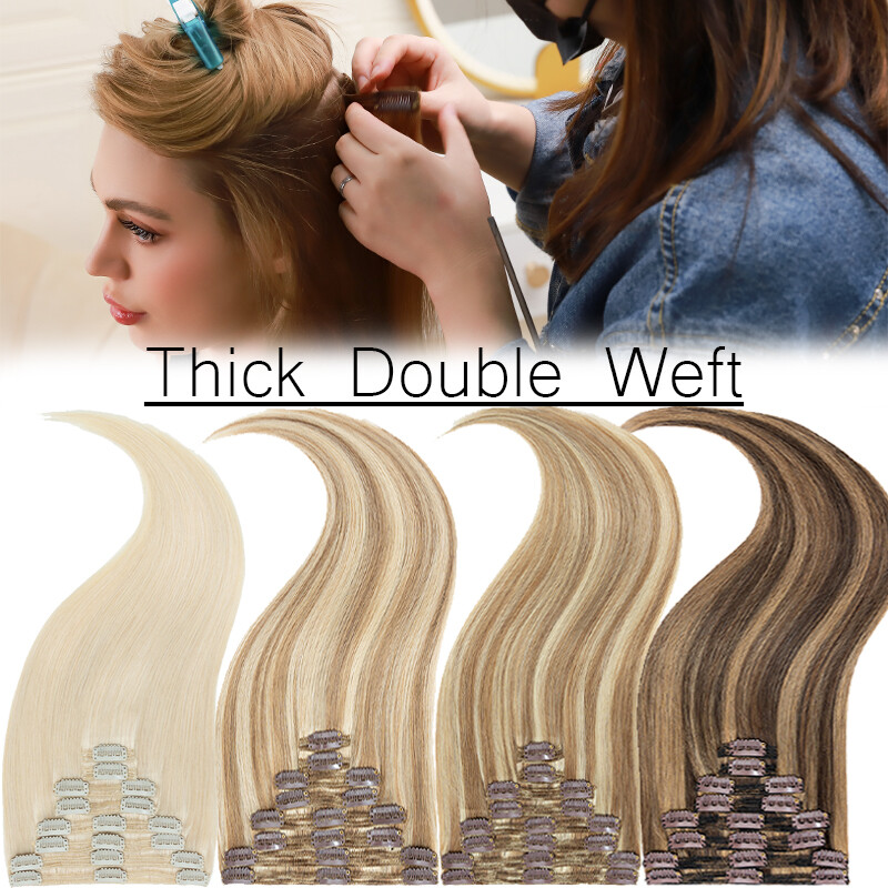Thick Clip In Remy Human Hair Extensions Double Weft Full Head Long 200g US N322