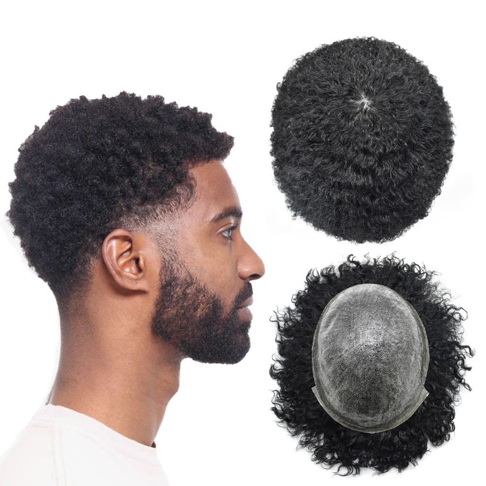 Afro Toupee for Black Men Full Poly Afro Wave Hair Units Human Hair PU System US