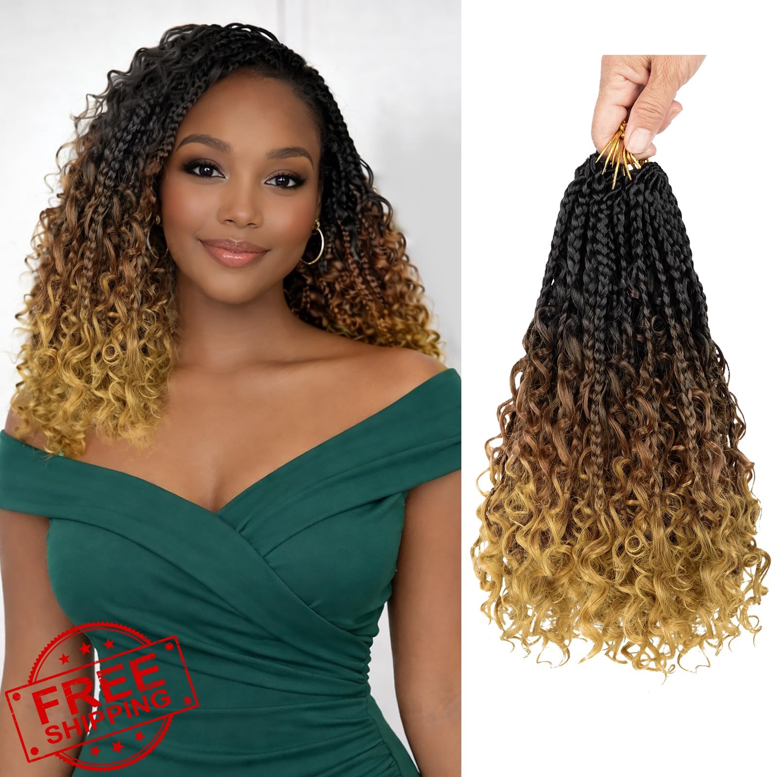 NAYOO 10 Inch Boho Box Braids 1B/30/27 pack 8