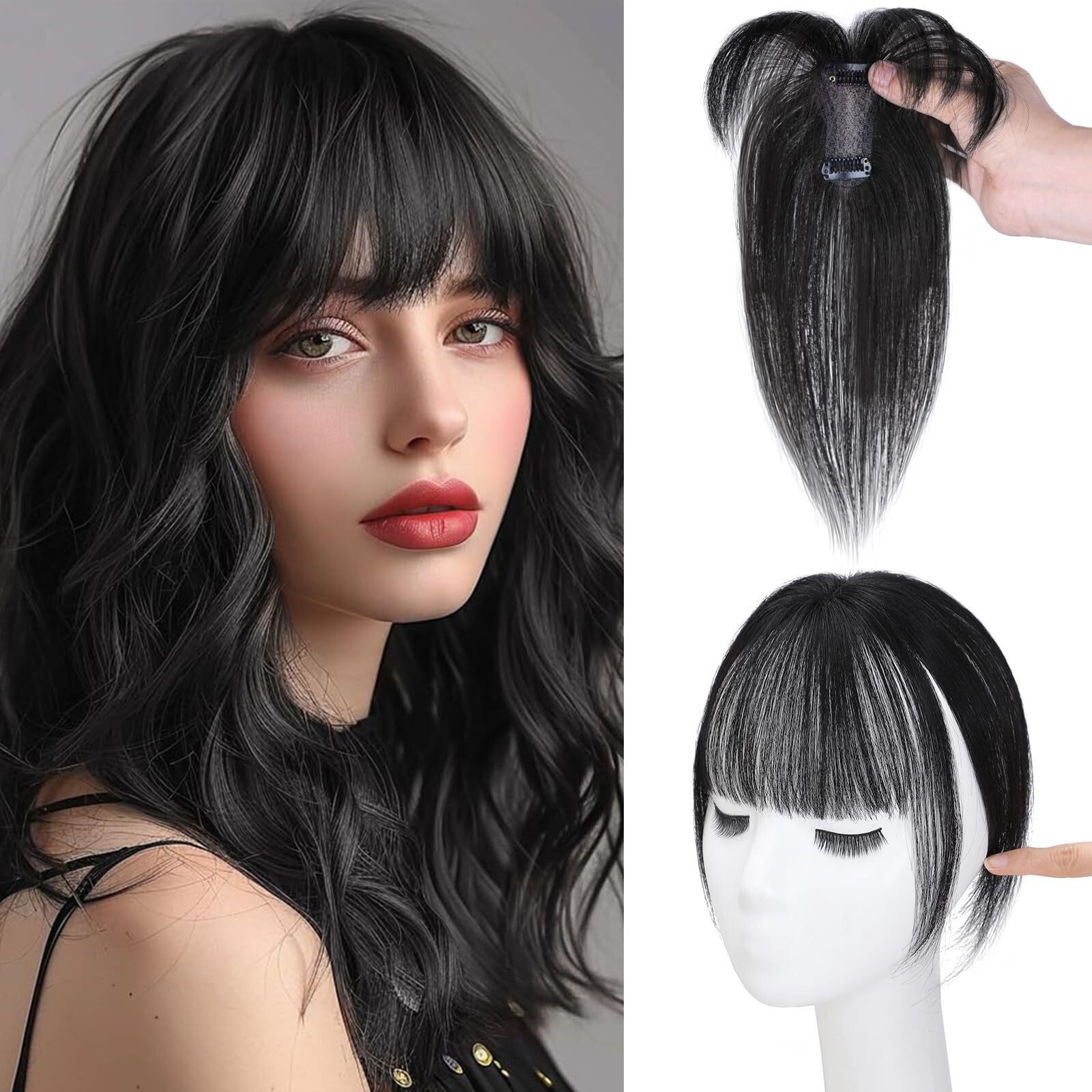Short Thin 100% Human Hair Toupee Women Topper Air Bang Fringe Clip in Hairpiece