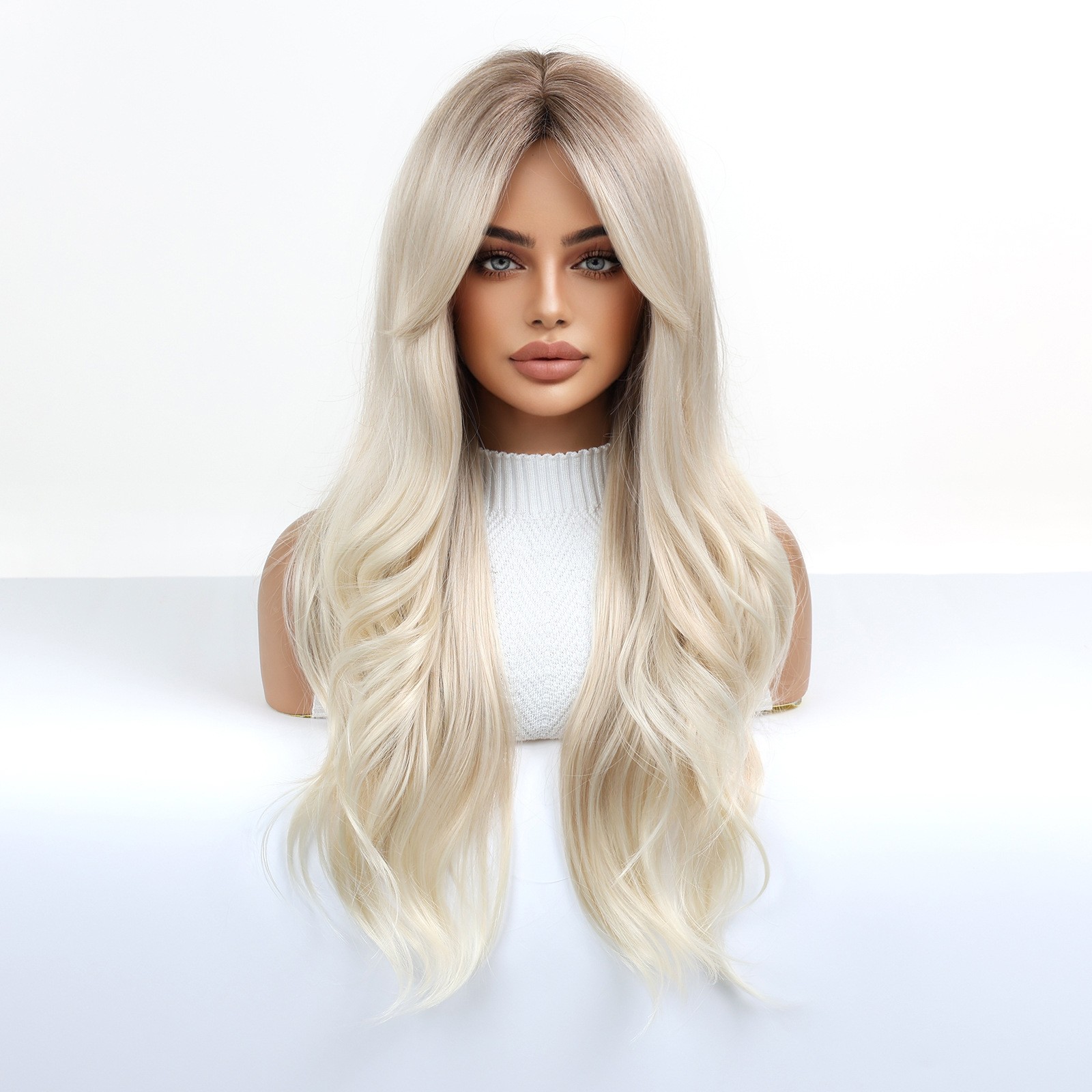 26″ Brown to Gold Ombre Wavy Wig Heat Resistant Synthetic Cosplay Party Wedding