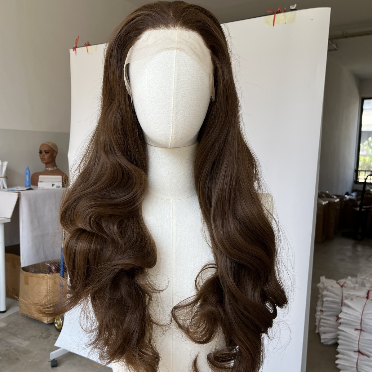 Women Brown Long Wavy Pre Plucked Lace Frontal Wig Heat Resistant Hair