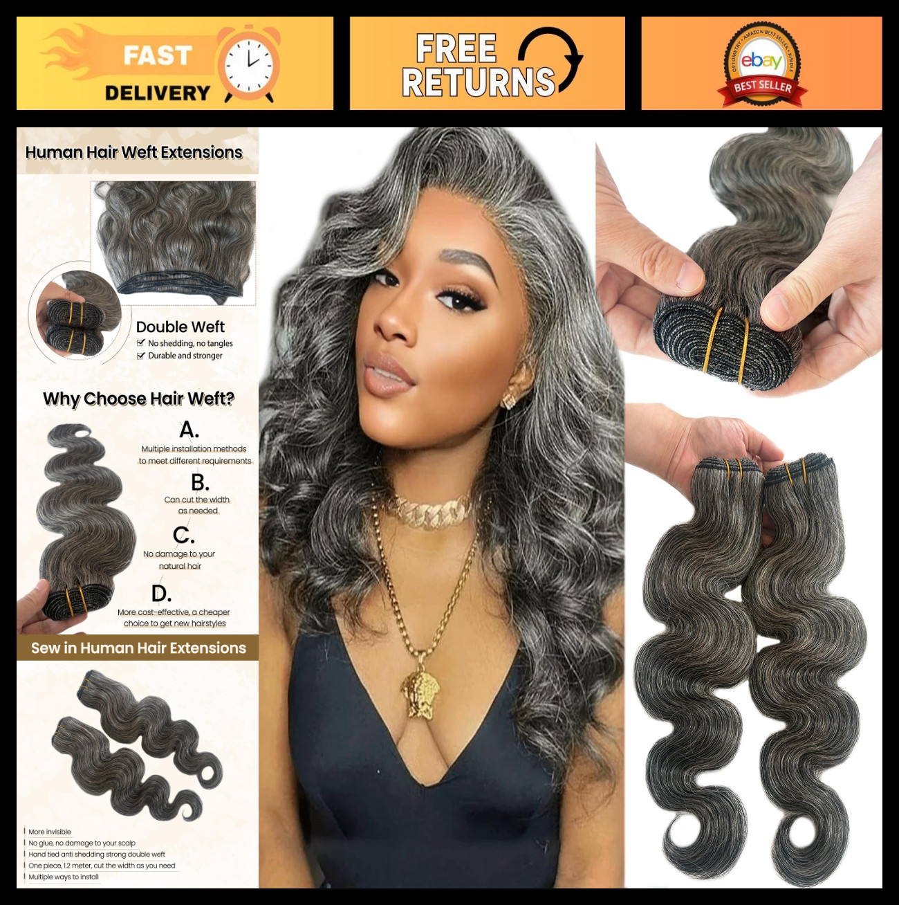 12 Inch Salt & Pepper Grey Sew-In Hair Extensions, Body Wave Remy Weft Bundles f