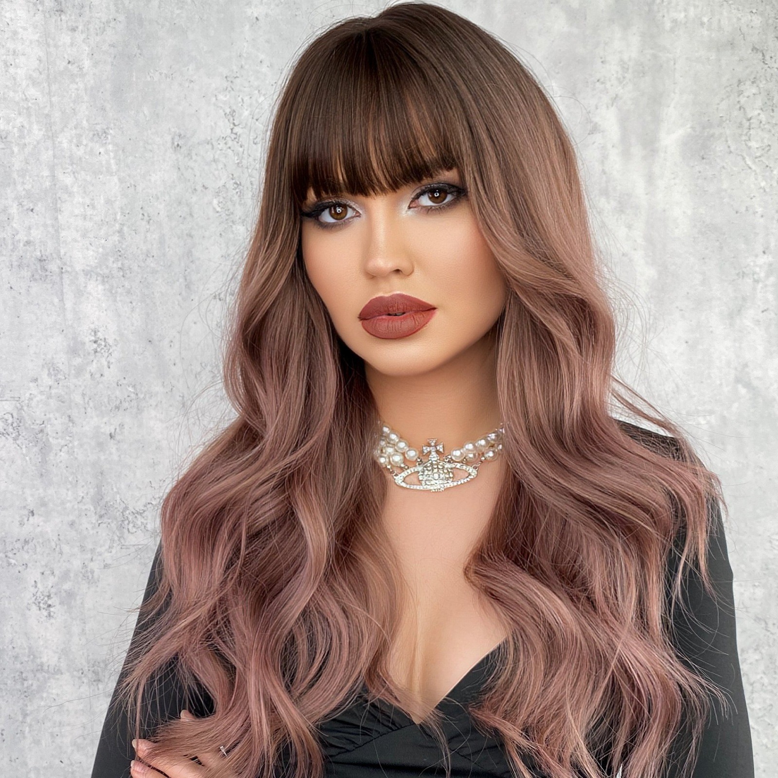 Wavy brownish-blonde wig with frizzy natural big waves and sexy long curly hair