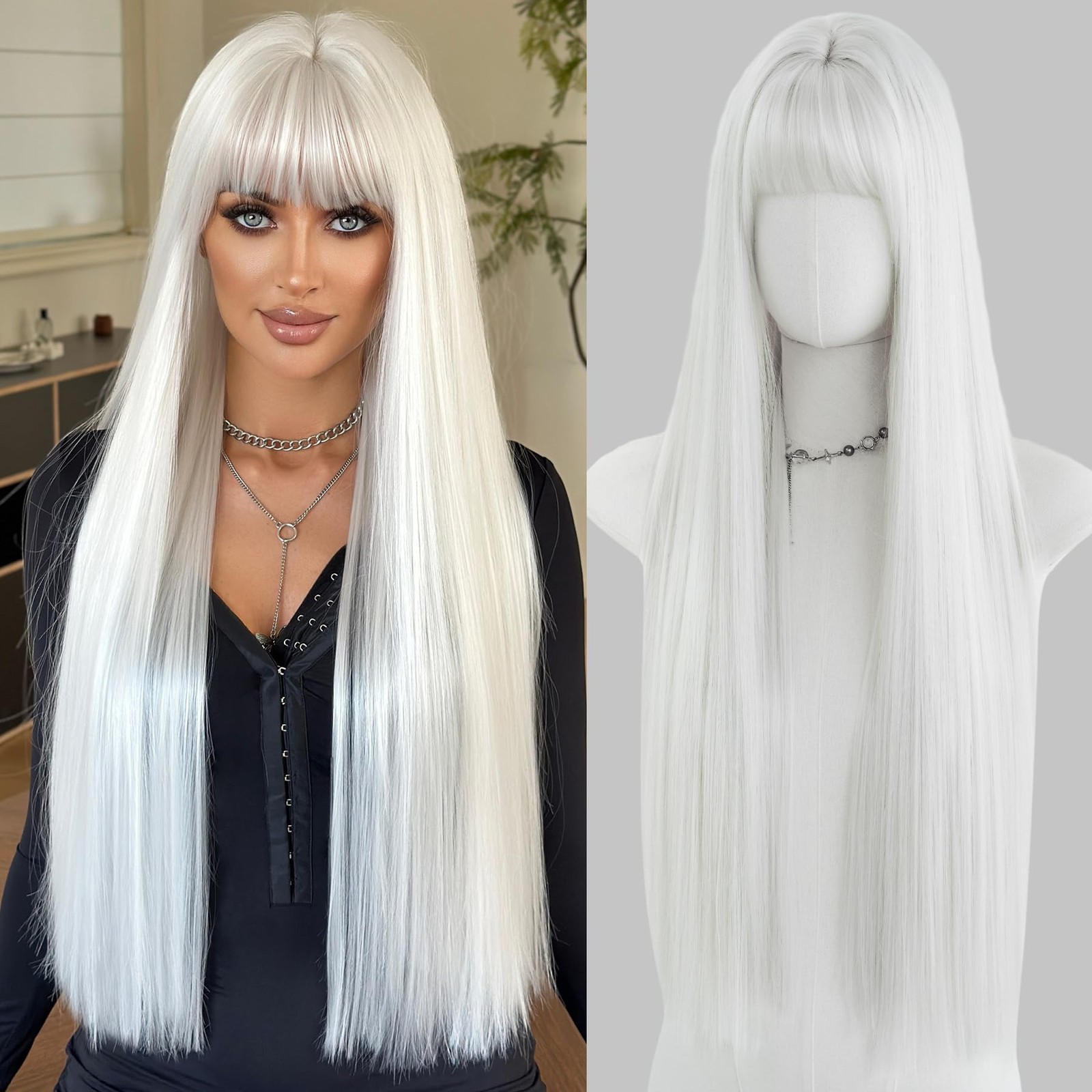 7JHH WIGS 28in Lvory Long Straight Wigs With Bang Heat Resistant Synthetic Fiber