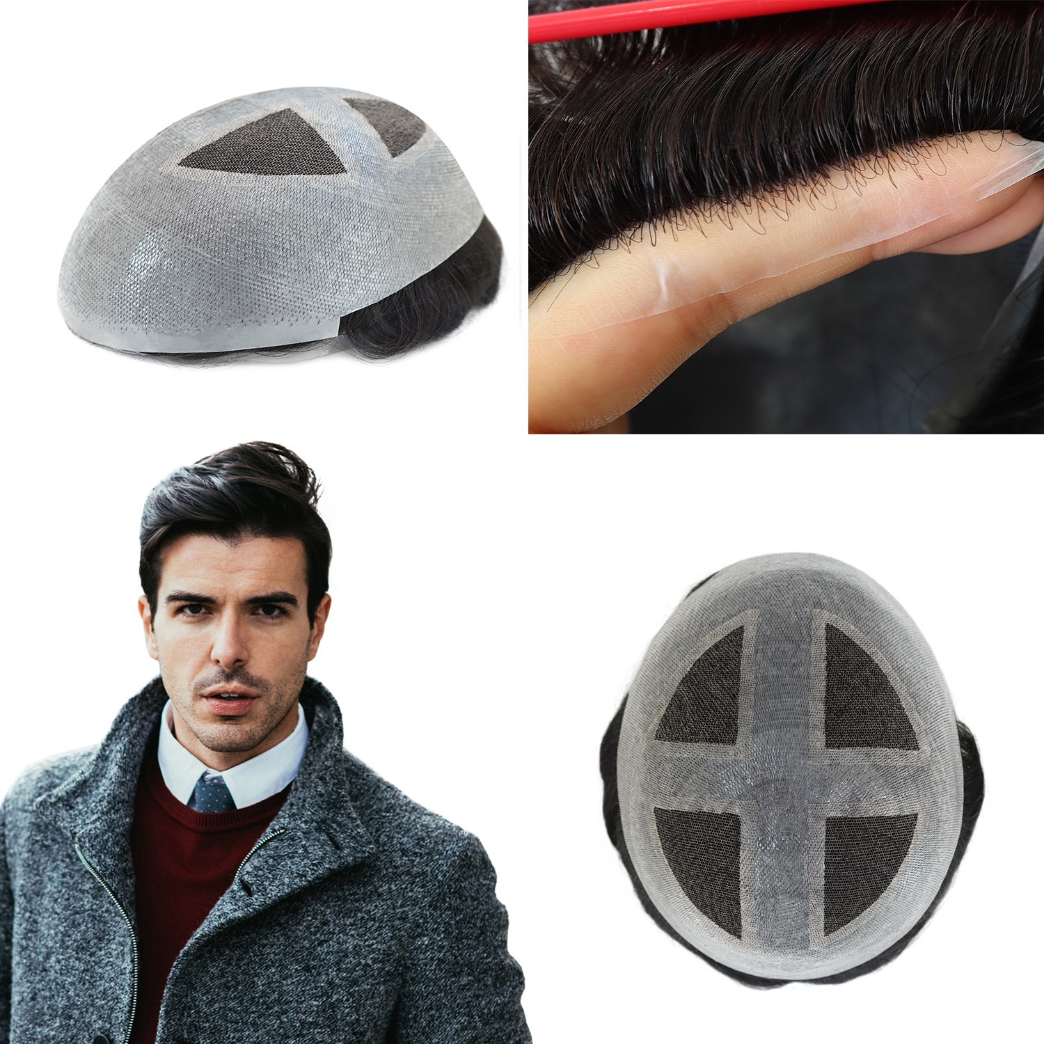 Toupee For Men Human Hair Repelecment System Lace Thin Skin Hairpiece Black Hair