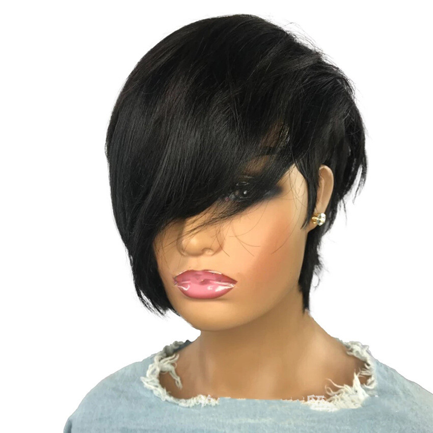 Short Remy Black Human Hair Wigs for Women Pixie Cut Wigs Wave with Side Bangs