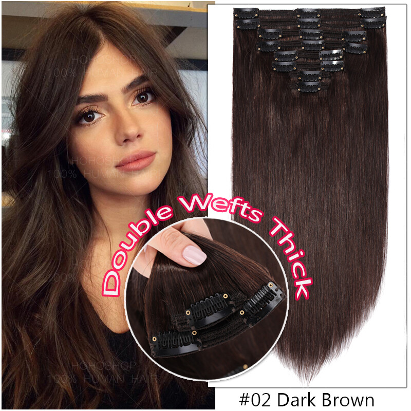 Thick Double Weft Clip In Remy Human Hair Extensions Full Head Wavy Straight 18″