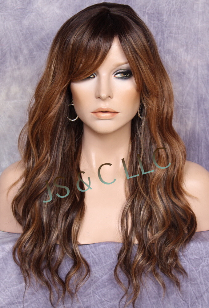 Long Wavy Brown auburn mixed Human Hair Blend Full Wig Heat OK Bangs FBW 7002
