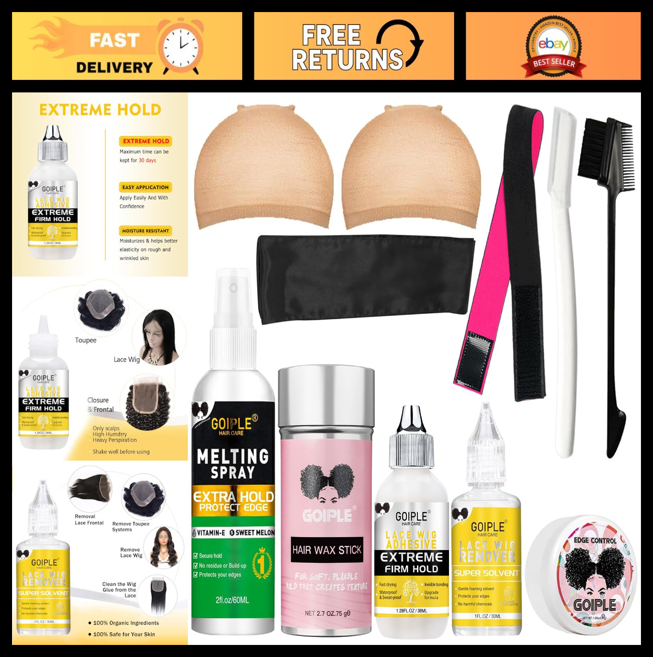 Wig Accessory Kit – Lace Front Glue, Remover, Caps, Elastic Band, Hair Wax & Mor