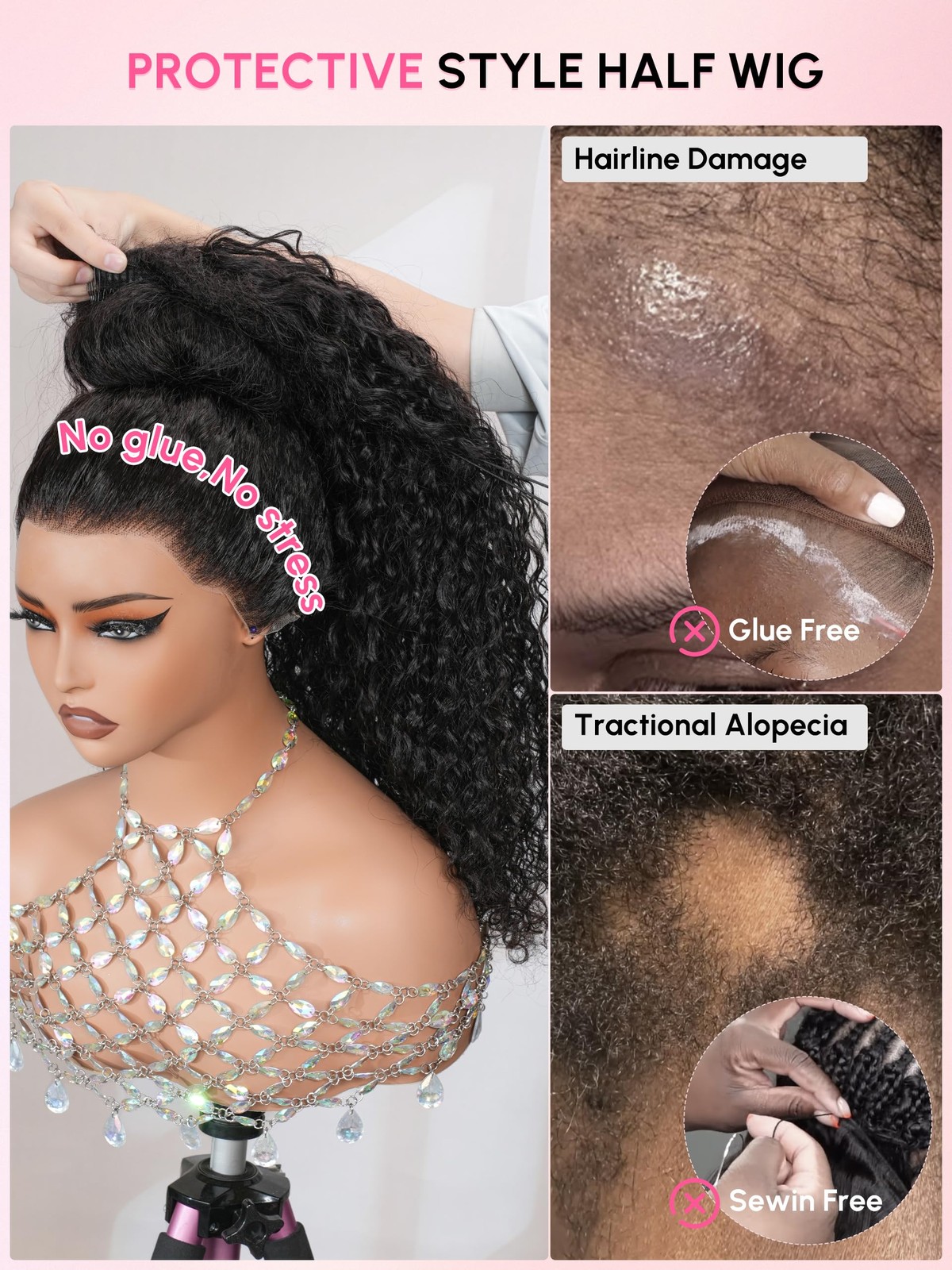 Shangyinfa Water Wave Half Wig Human Hair Invisi Drawstring 4C Edge 3 In 1 Wig