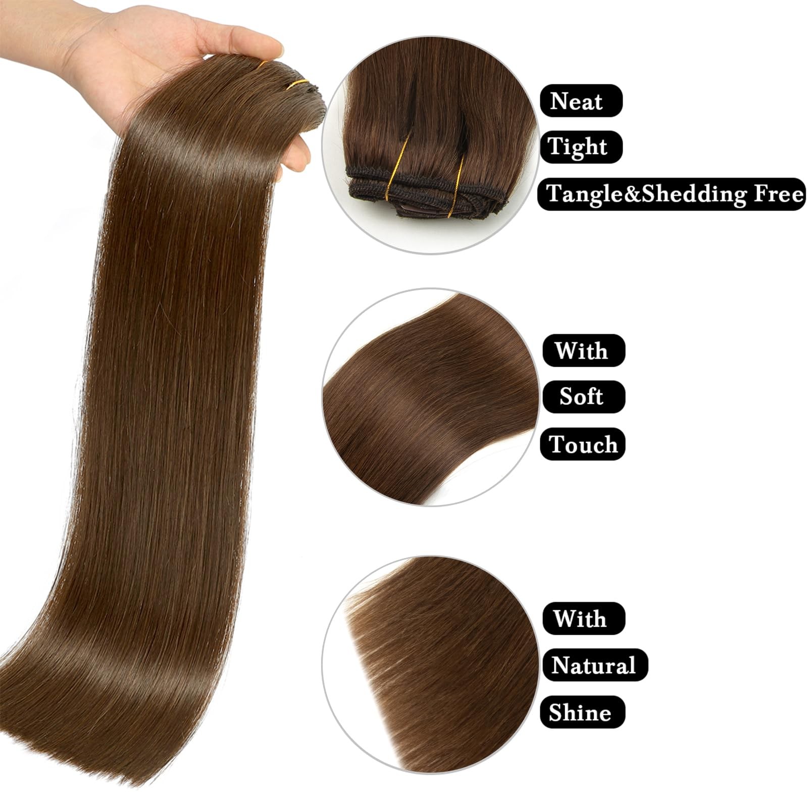Real Human Hair Clip-In Extensions 8pcs 70g 20″ Medium Brown Seamless Straight