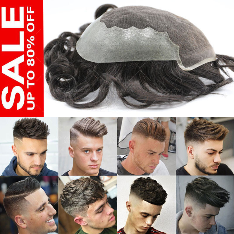 Mens Replacement System Thin Full PU Wig Frontal Toupee Topper Human Hair Gray