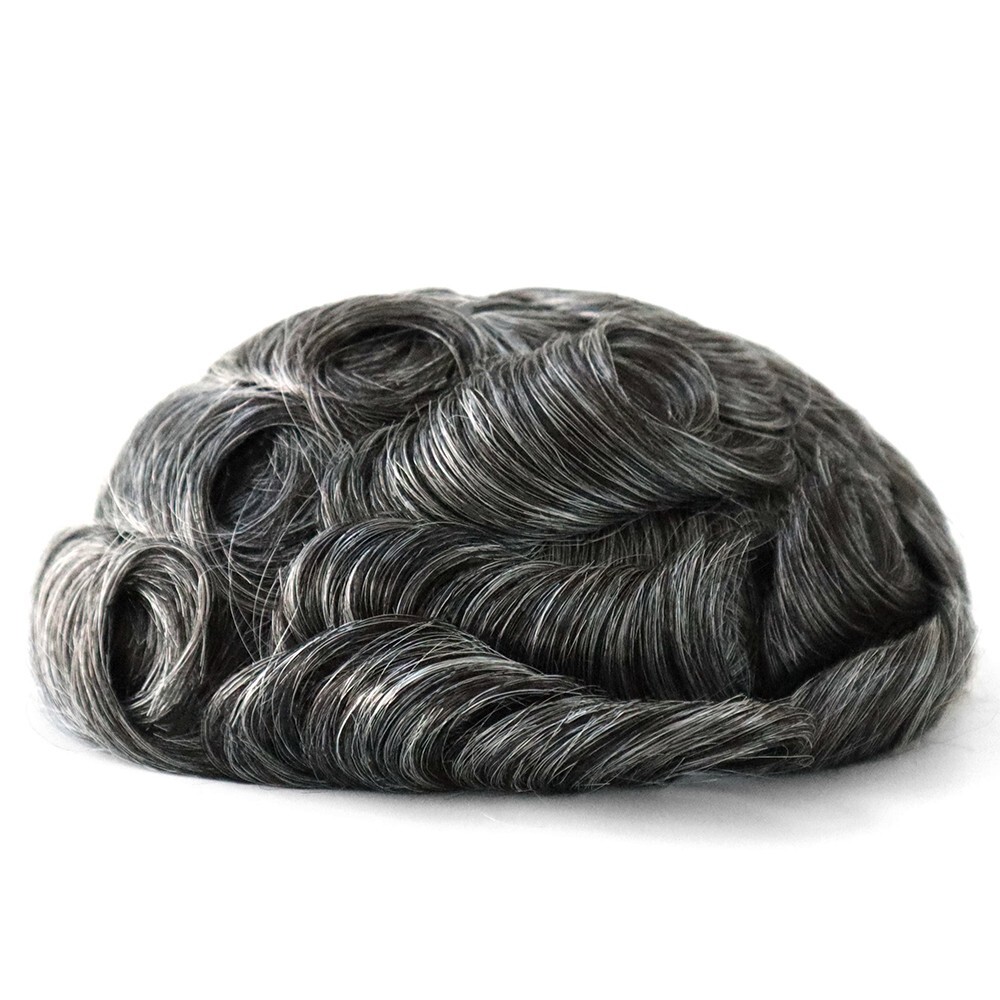 Toupee Mens Full Lace Human Hair Replecement System Hairpieces Black Grey #1B40