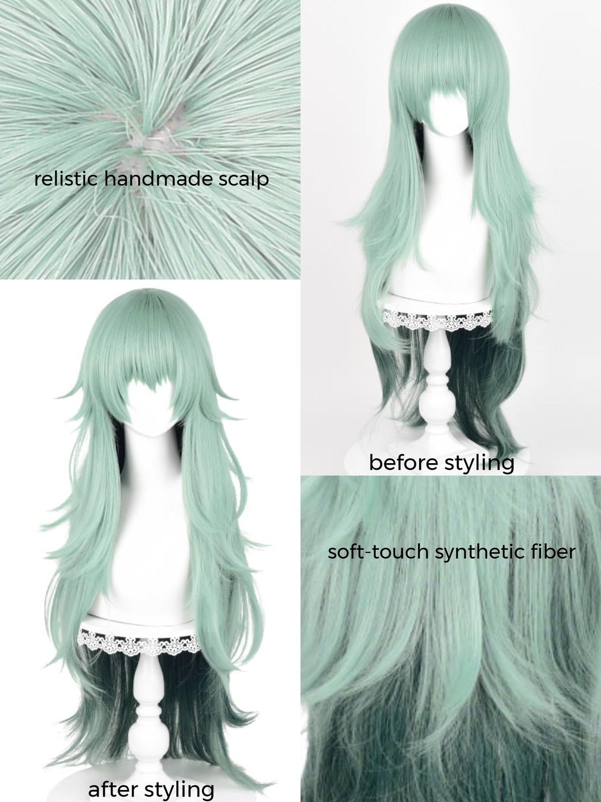 Long Curly Ombre Green Anime Cosplay Wig with Bangs 37.4” Light Cyan Spiky L…