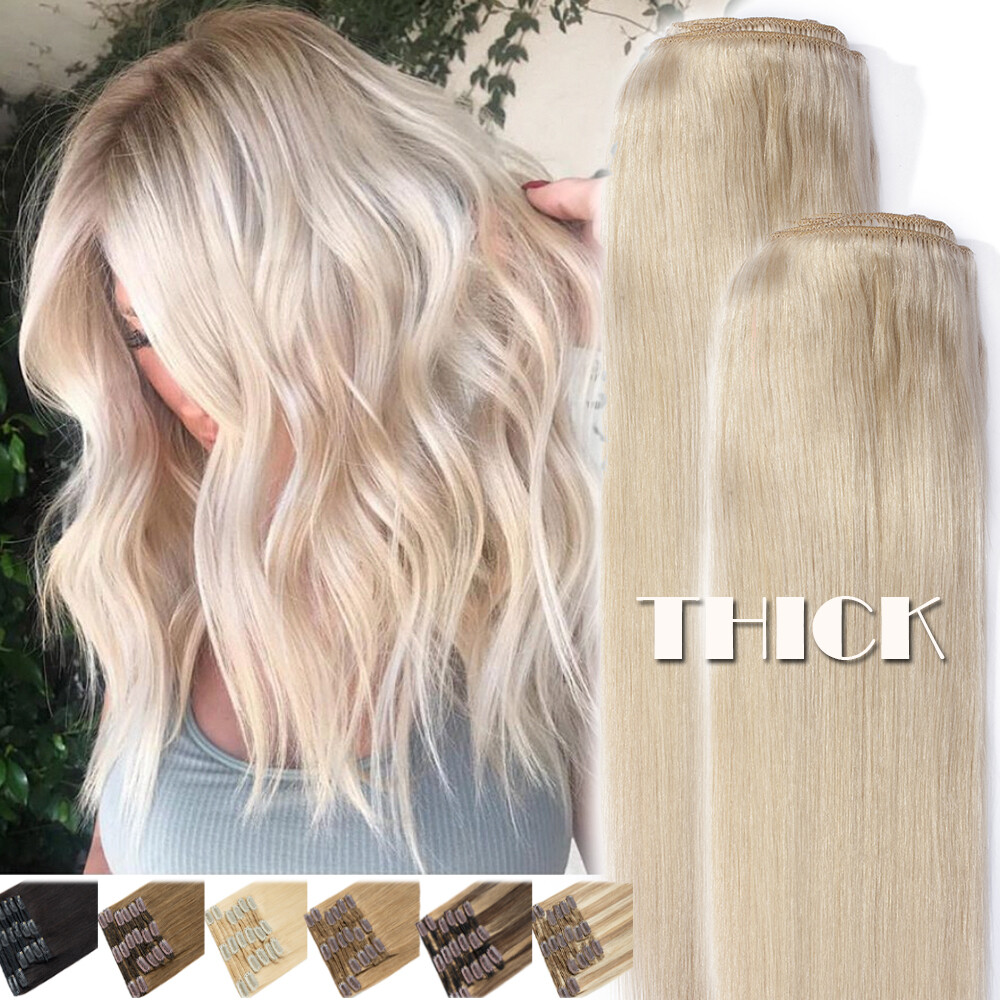 Extra Thick Double Weft Human Hair Extensions Clip In Remy Hair Weaves FULL HEAD