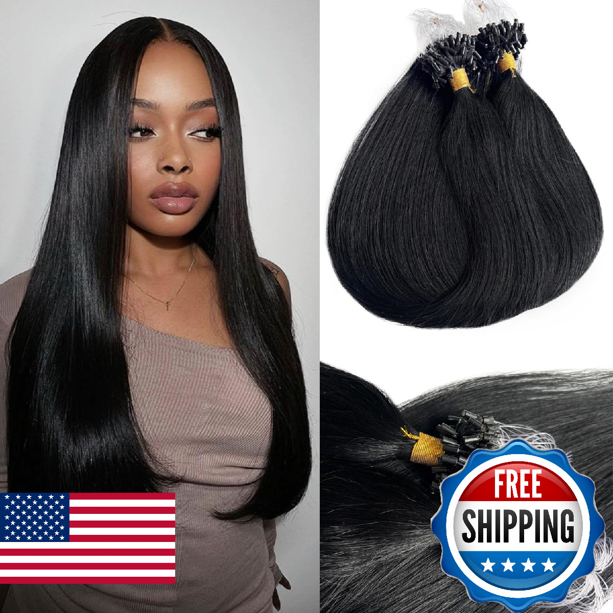 Black Micro Beads Hair Extensions Human Hair Bundles No Weft 22 Inch Micro Strai
