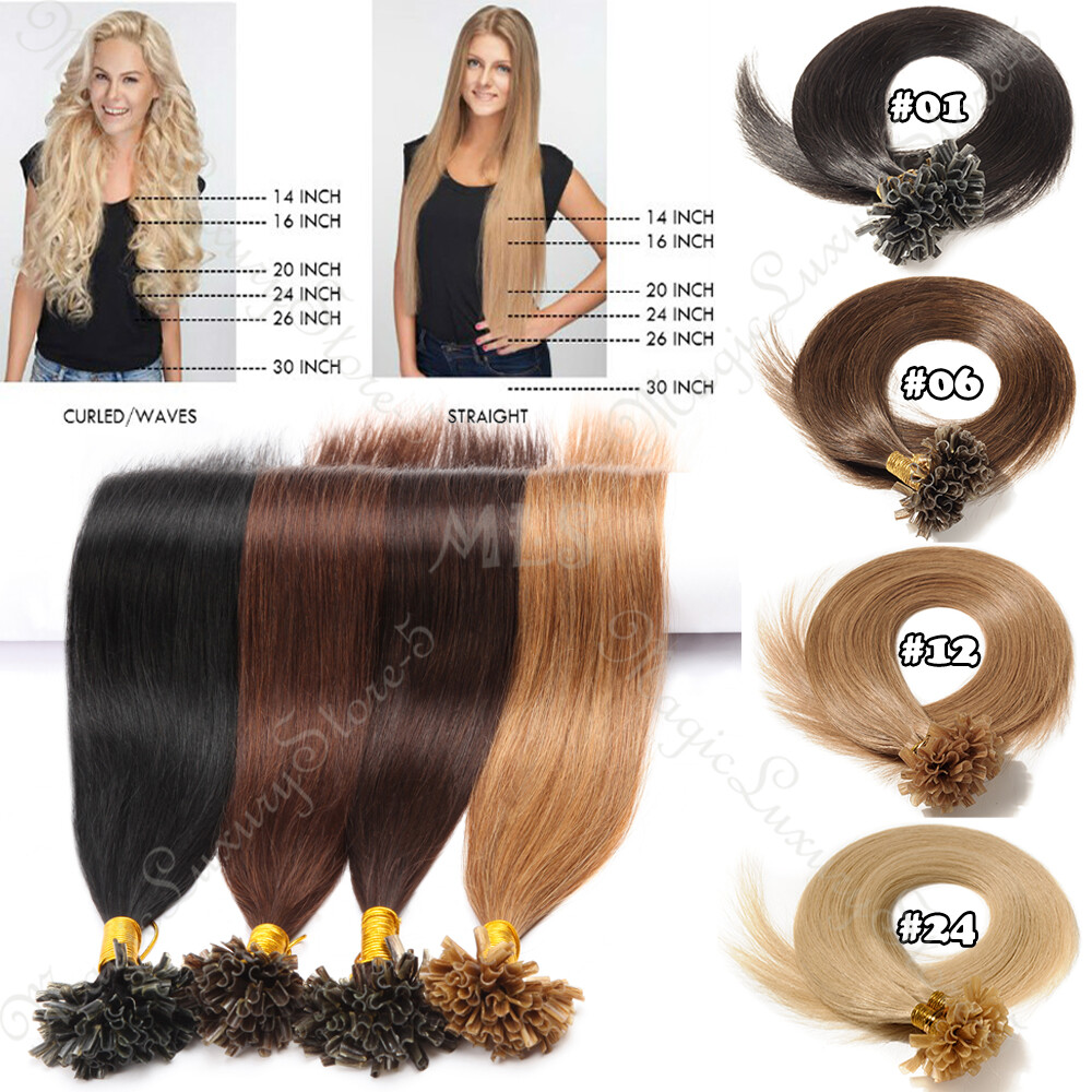 Keratin Fusion Pre Bonded Nail U Tip Glue 100% Virgin Human Hair Extensions 24in