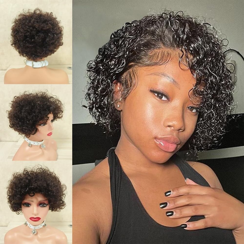 Human Hair Afro Kinky Curly Wig 150% Density Lace Front pixie wig171 Bob Wig 6in
