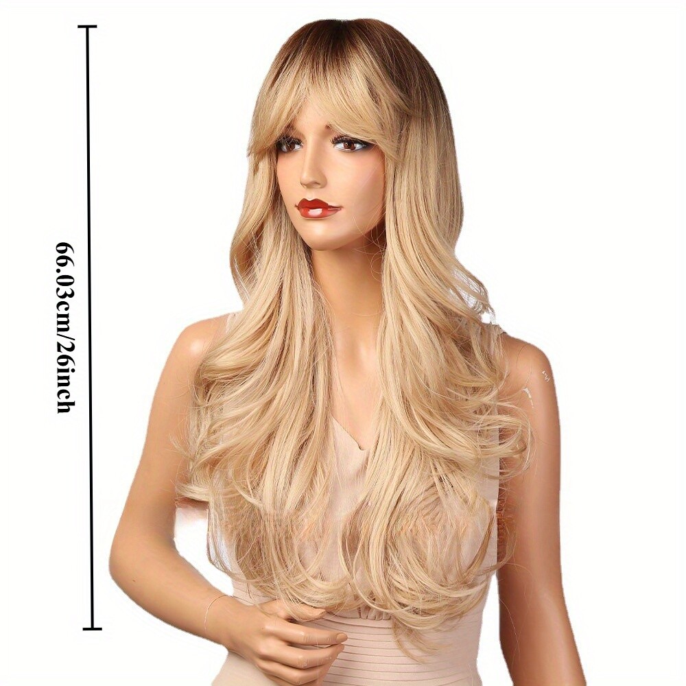 26 Inch Long Blonde Ombre Wavy Wig with Bangs Heat Resistant Layered Curly Wigs