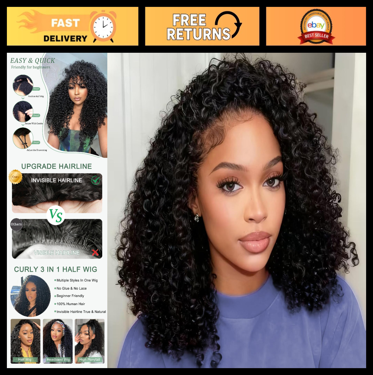 Deep Wave Half Wig Human Hair 3-in-1 Glueless for Black Women, 24 Inch, 200% Den