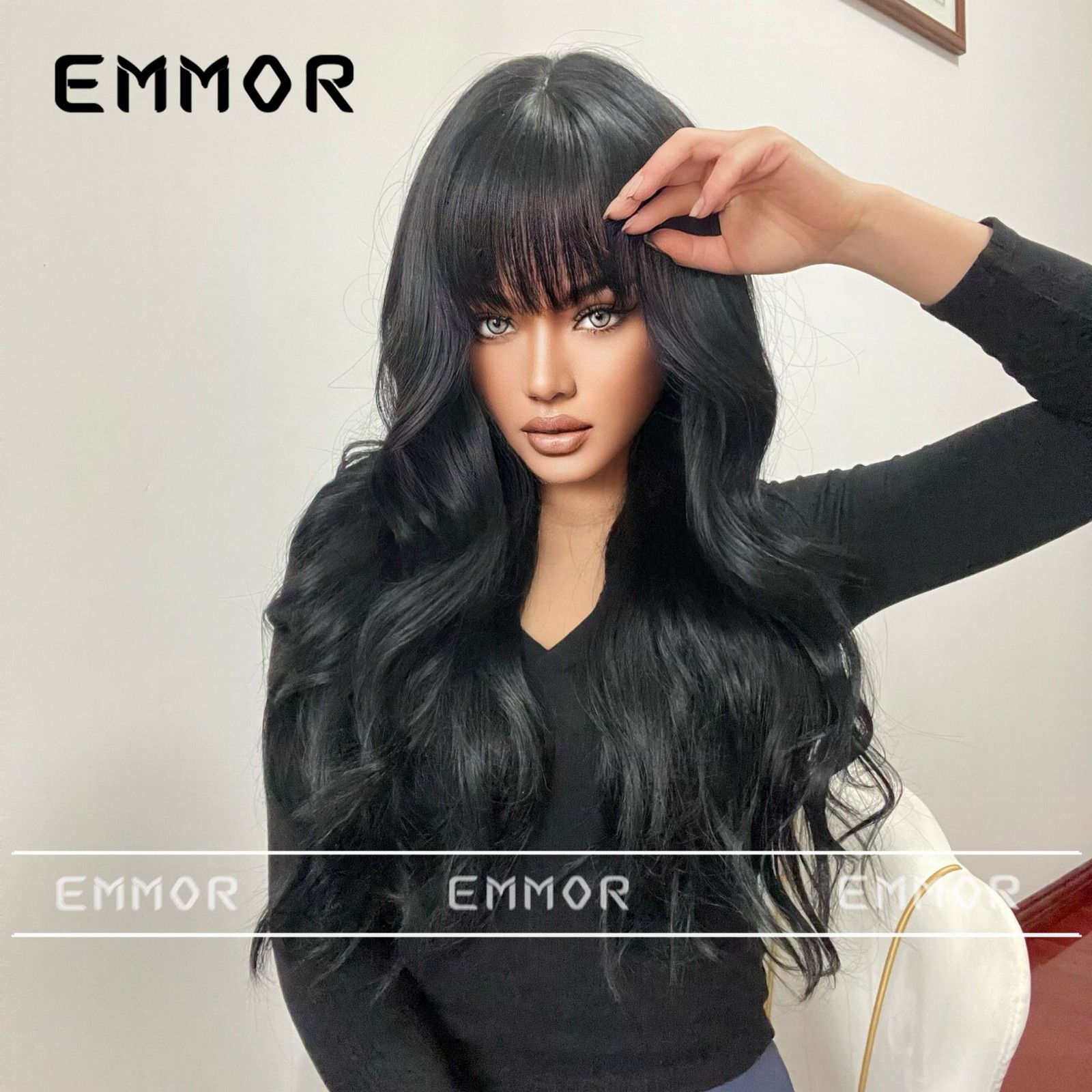 Ombre Brown Long Wavy Wig with Bangs Fluffy European American Style Full Head