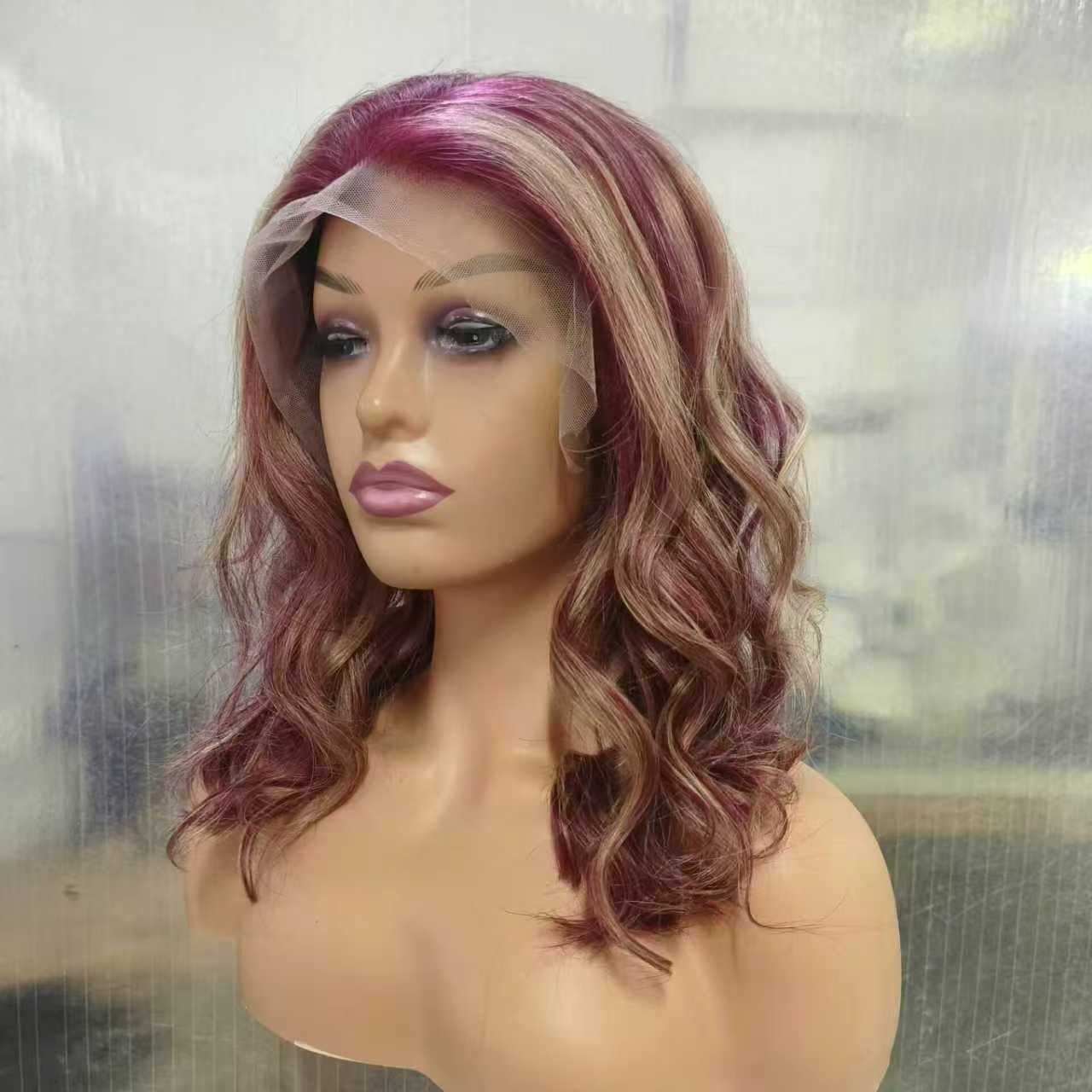 Balayage Burgundy Red with Dark Blonde Highlight Human Hair Lace Front Wigs 12″