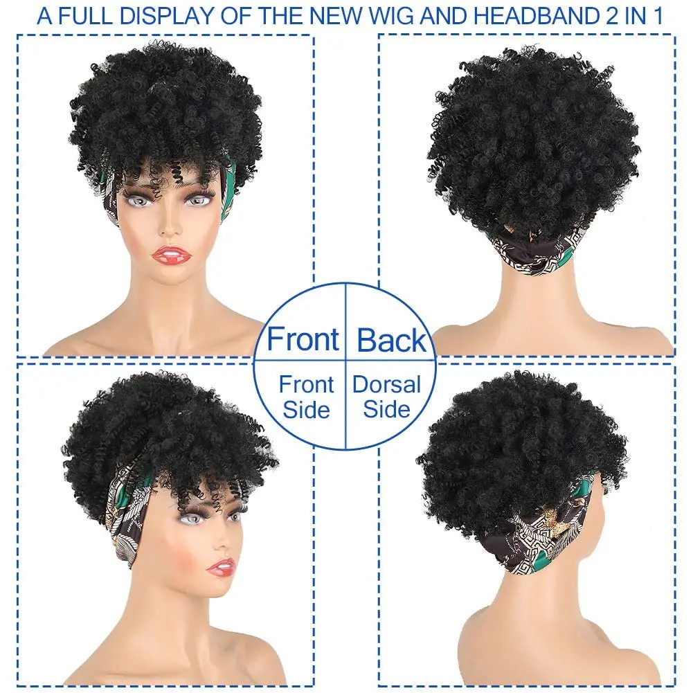 Black Soft Synthetic Short African Curly Wig For Women Headwrap fake Hair Strap