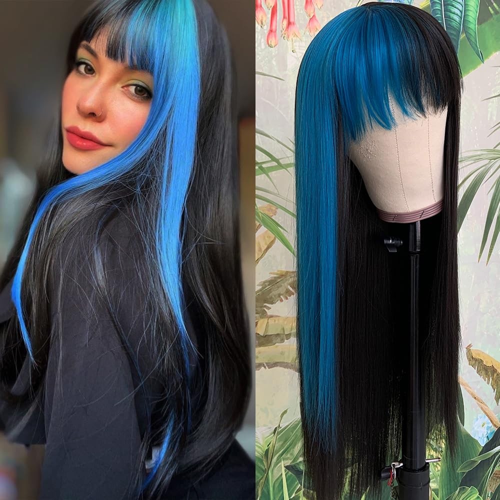 QD-Tizer Blue Highlights Black Synthetic Wig w/ Bangs – Glueless Heat Resistant