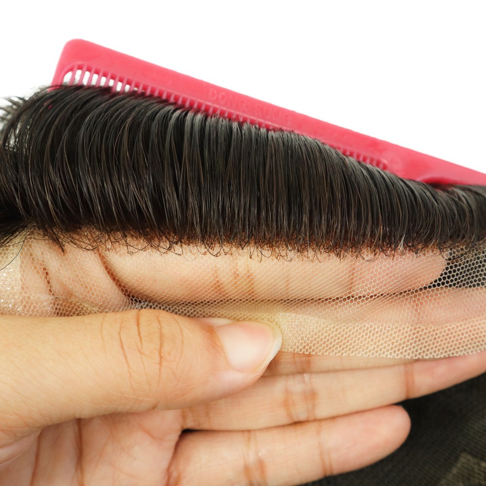 Mens Toupee Human Hair Systems French Lace Front Off Black Hairpiece 7×9 Q6#1B