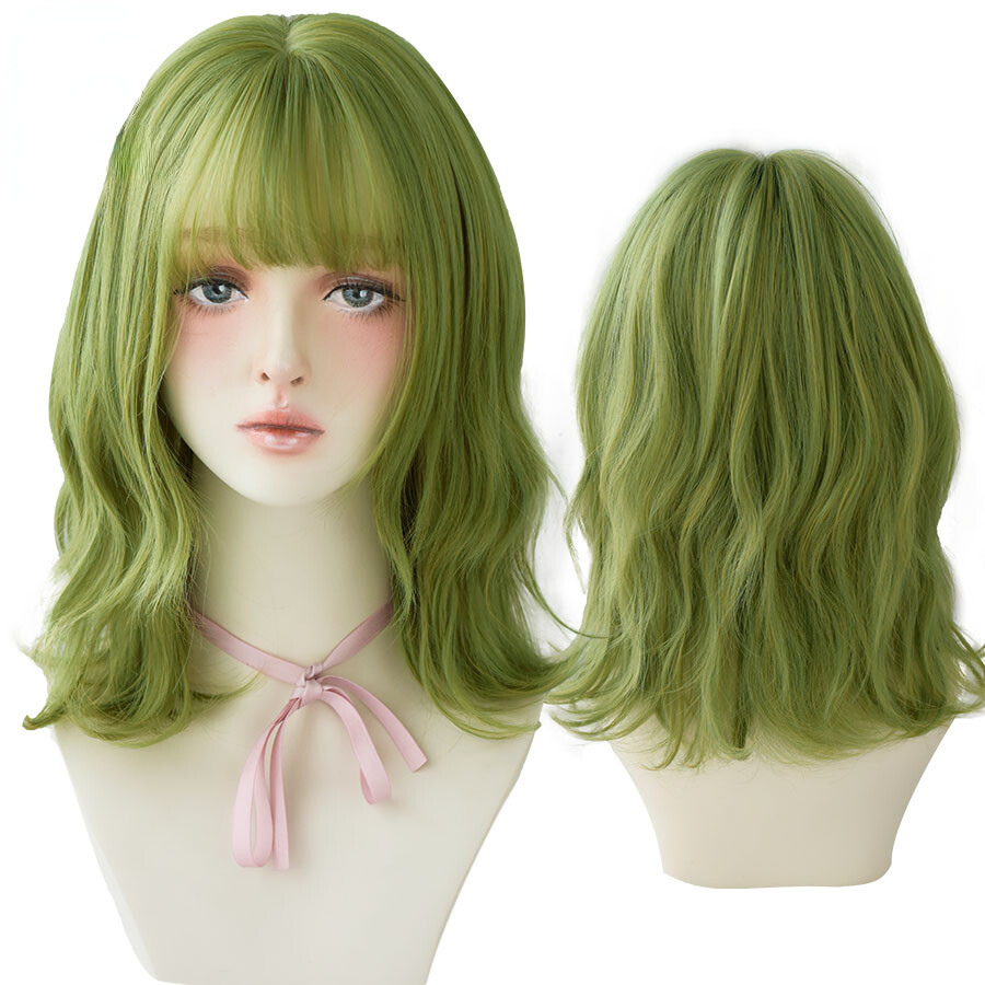 Olive Green Deep Wave Wig with Bangs Women Party Delicate Cosplay