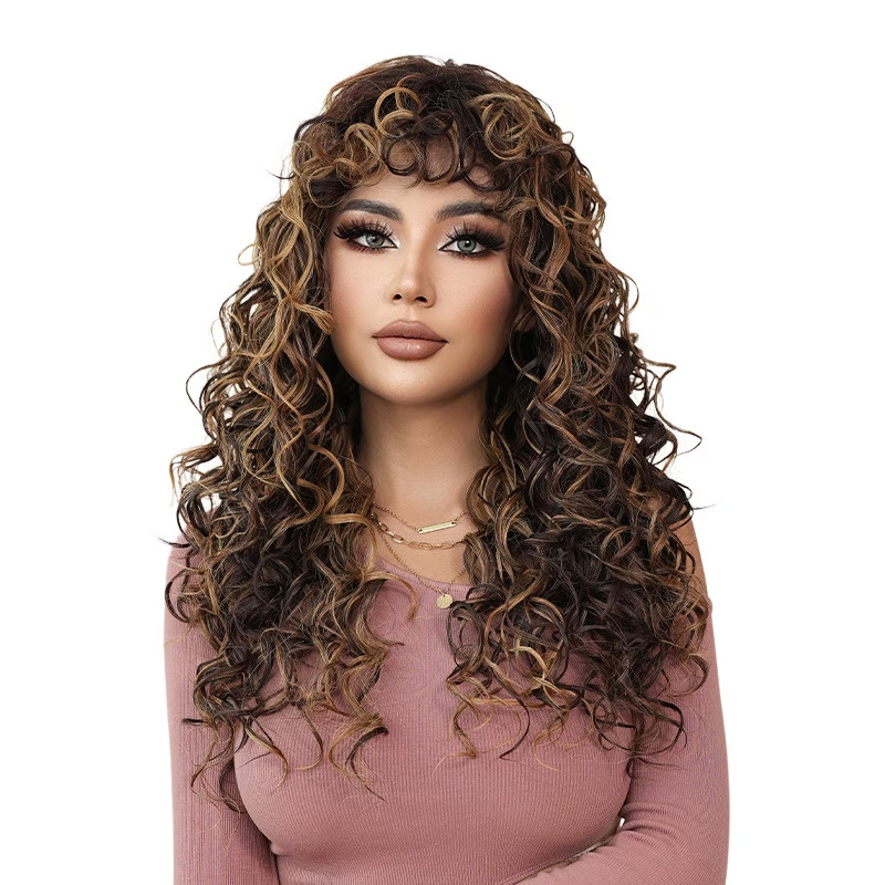 Women Wig Vintage Lazy Style High Temperature Fiber Golden Gradient Long Curly