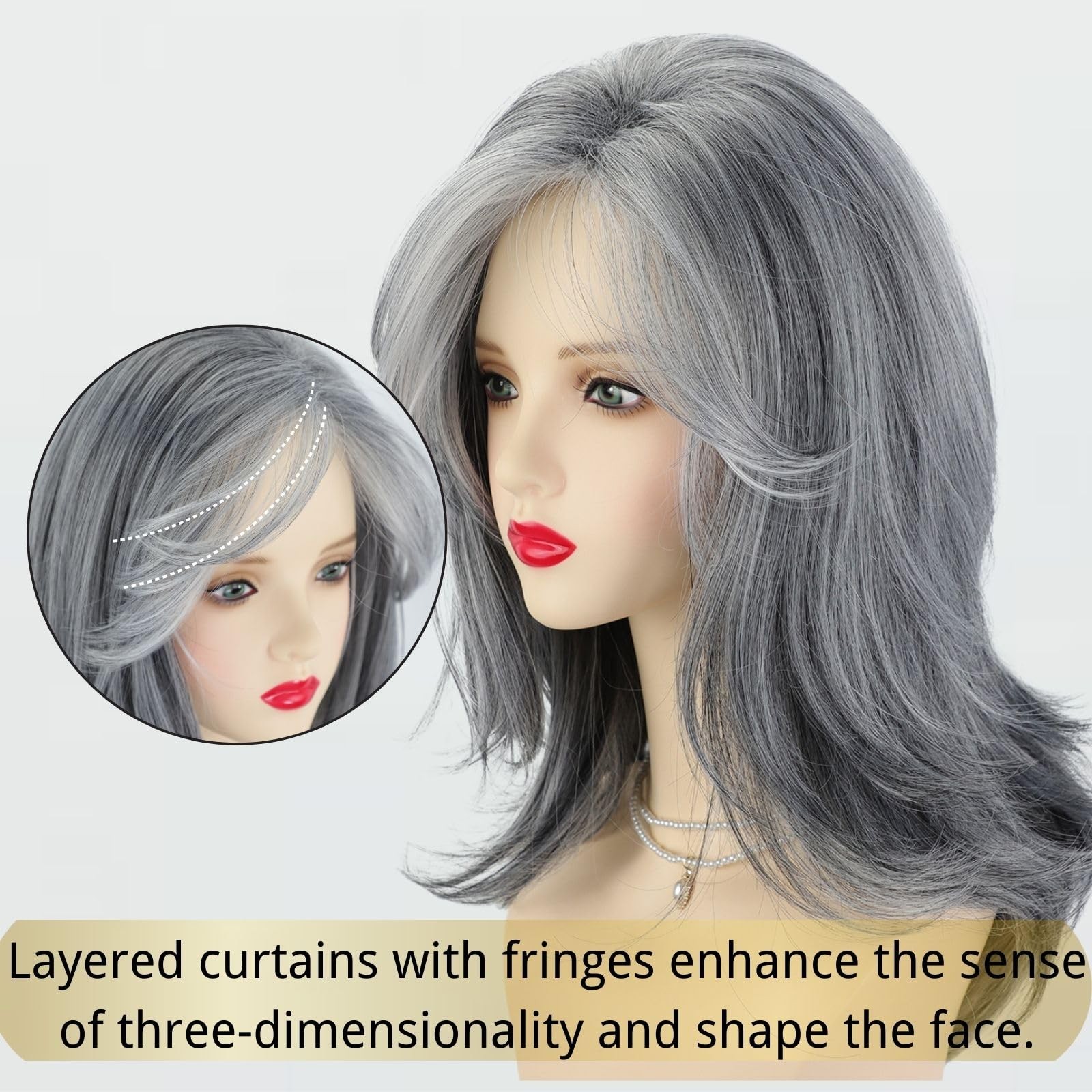 Fencca 20 Inch Silver Grey Salt Pepper Wig Curtain Bangs Long Layered Wave