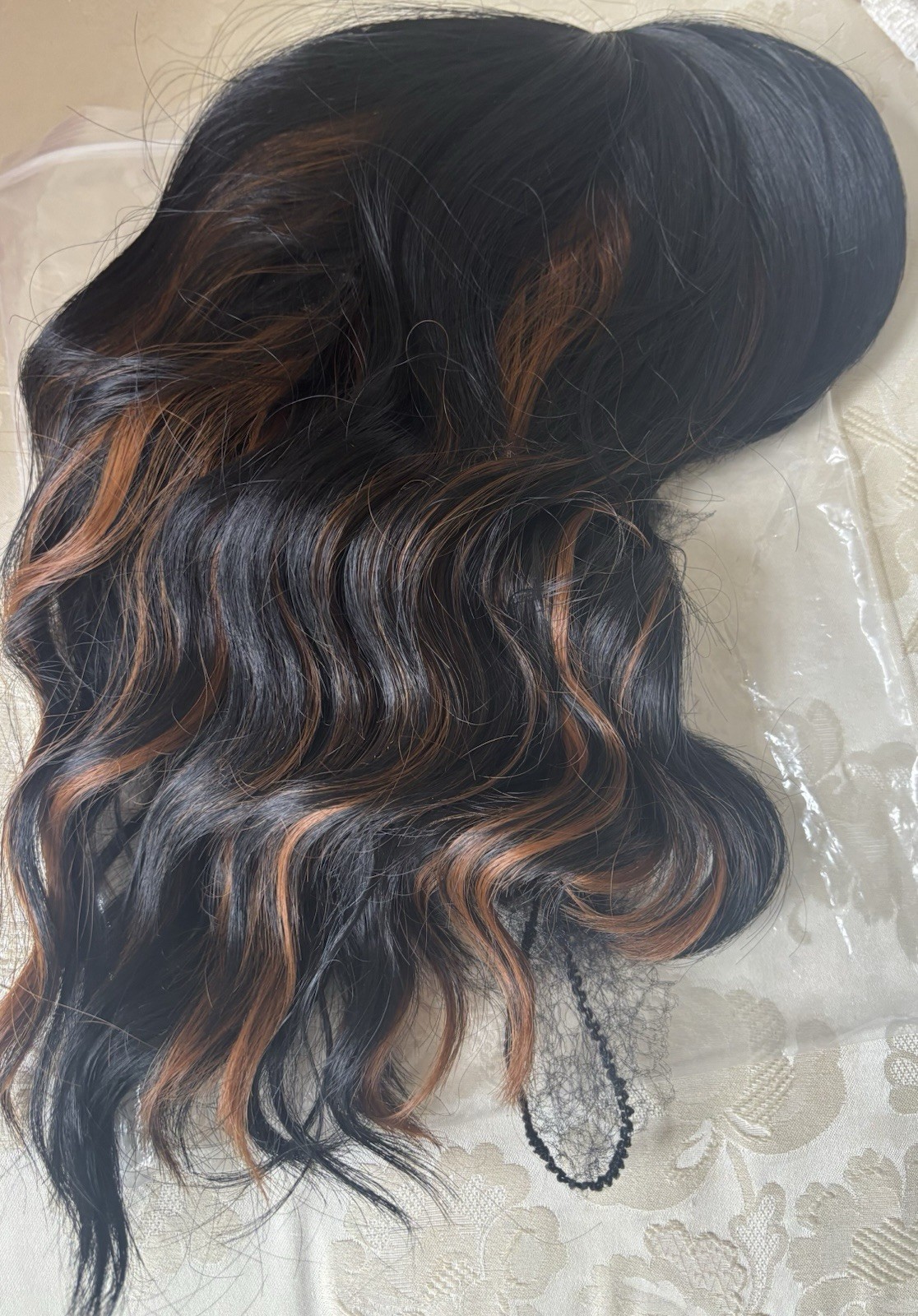 NWOT Human Hair Wavy Wig Black W/Brown Highlights SOFT Lace Front 15”