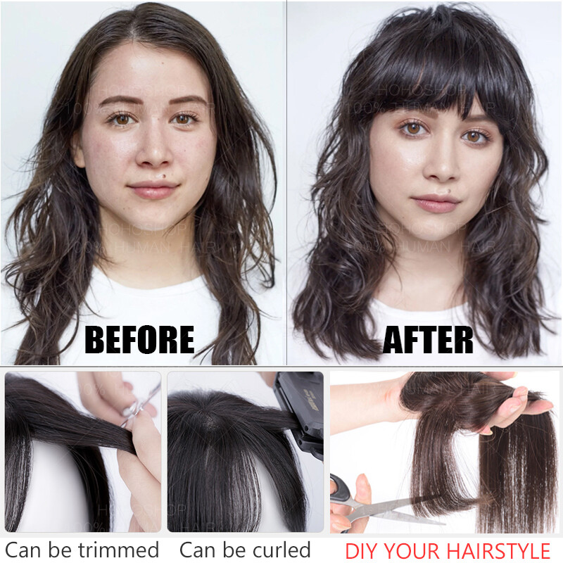 Women 100% Remy Human Hair Mono Topper With Bangs Clip In Hairpiece Toupee Wigs