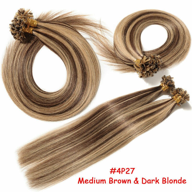 Keratin U Tip Hair Extensions Double Drawn Pre Bonded Remy Human Hair Colored 1G