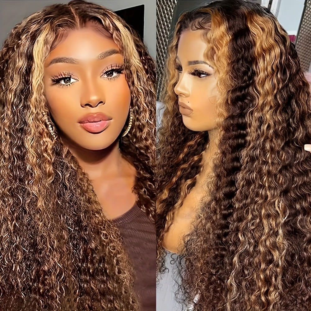 Loose Curly Wave Frontal Lace Wigs Long Brown Ombre Blonde Highlight Pre Plucked
