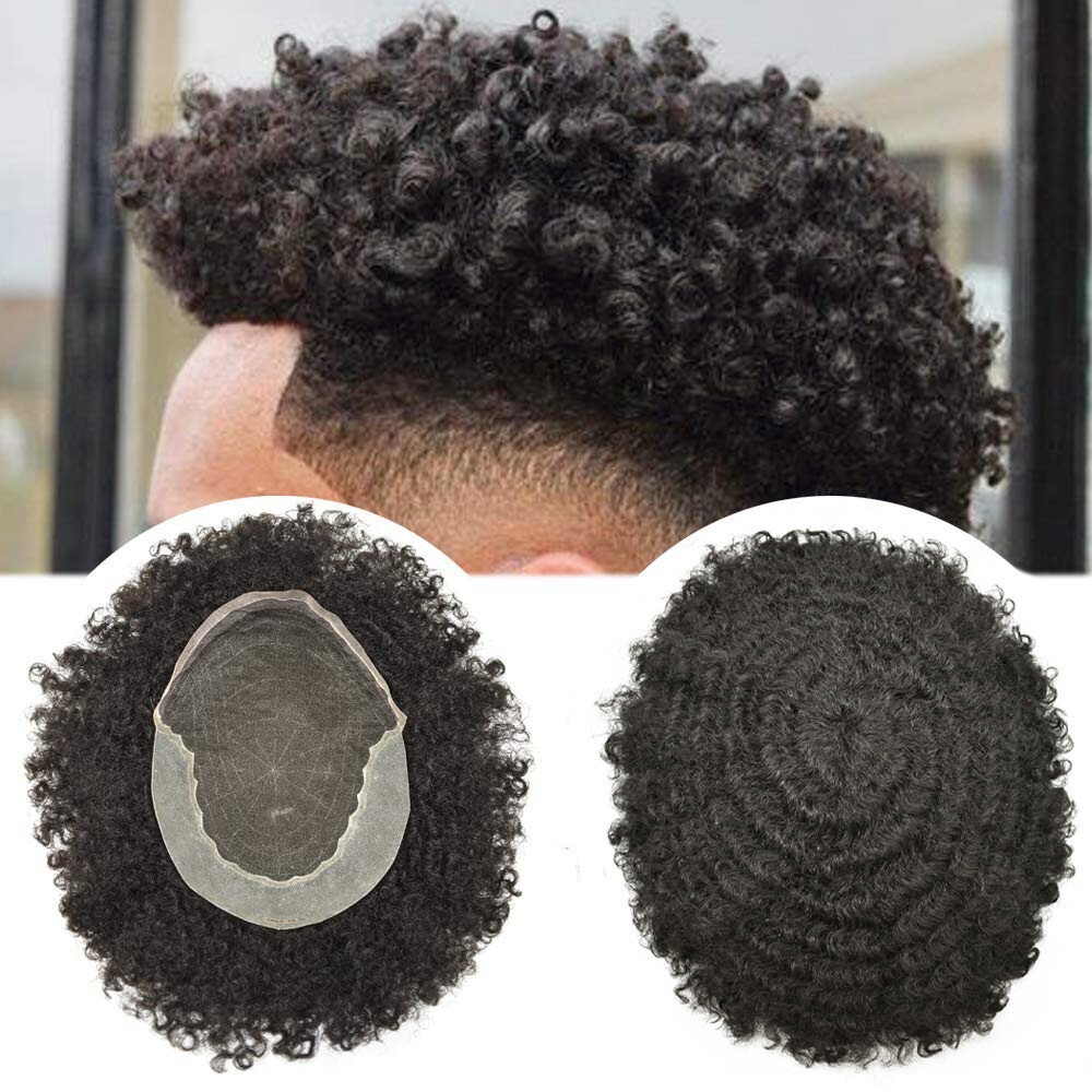 Afro Toupee for Black Men Toupee French Lace Hairpiece Kinky Curl Gray Hair Unit