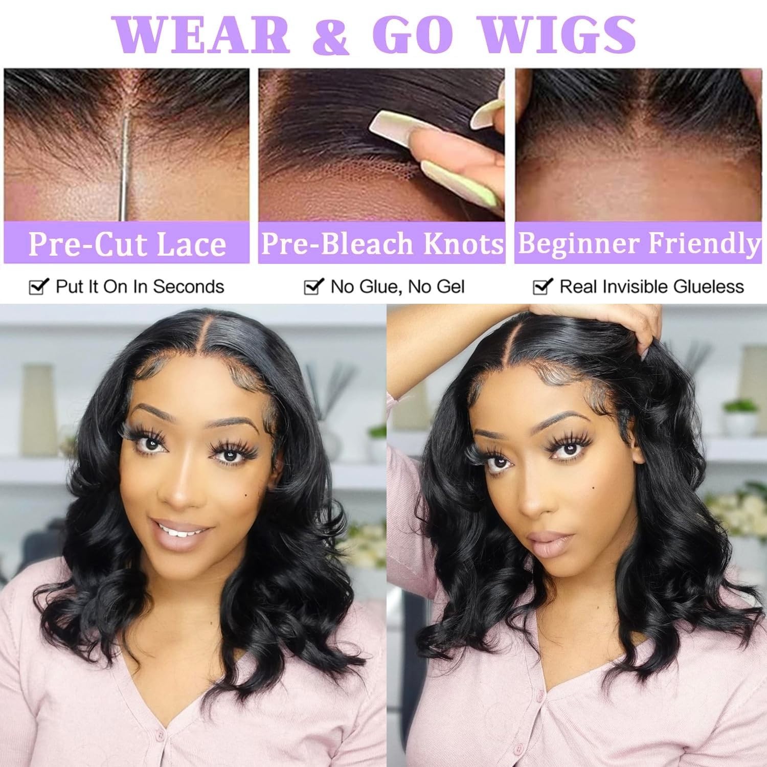 Wear and Go Glueless Wigs Human Hair Pre Plucked Pre Cut 4×4 Body Wave Bob Wig