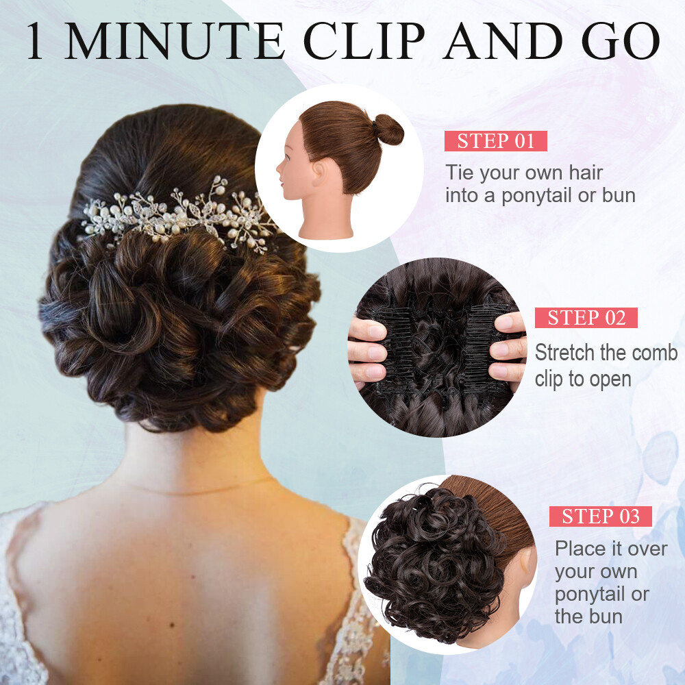 US Curly Chignon Messy Bun Updo Clip in on Hair Piece Bridal Extensions As Human