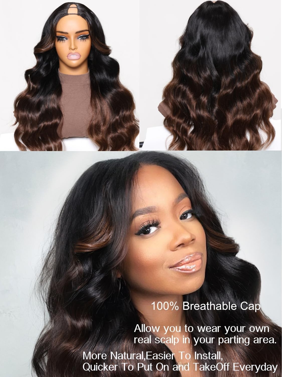 12A Ombre Highlight V Part Wig – Body Wave Human Hair, Glueless, 16 Inch, No Sew