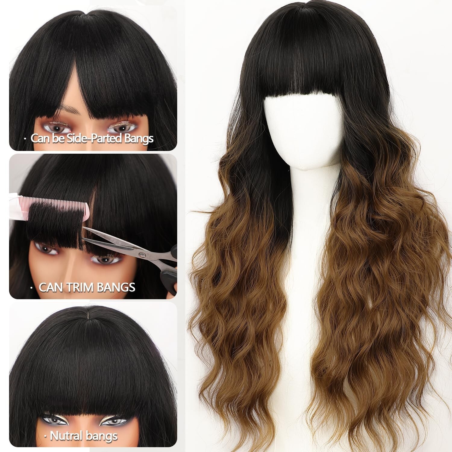 Black To Brown Wig with Bangs Long Wavy Synthetic Wig for Women with Daily Pa…