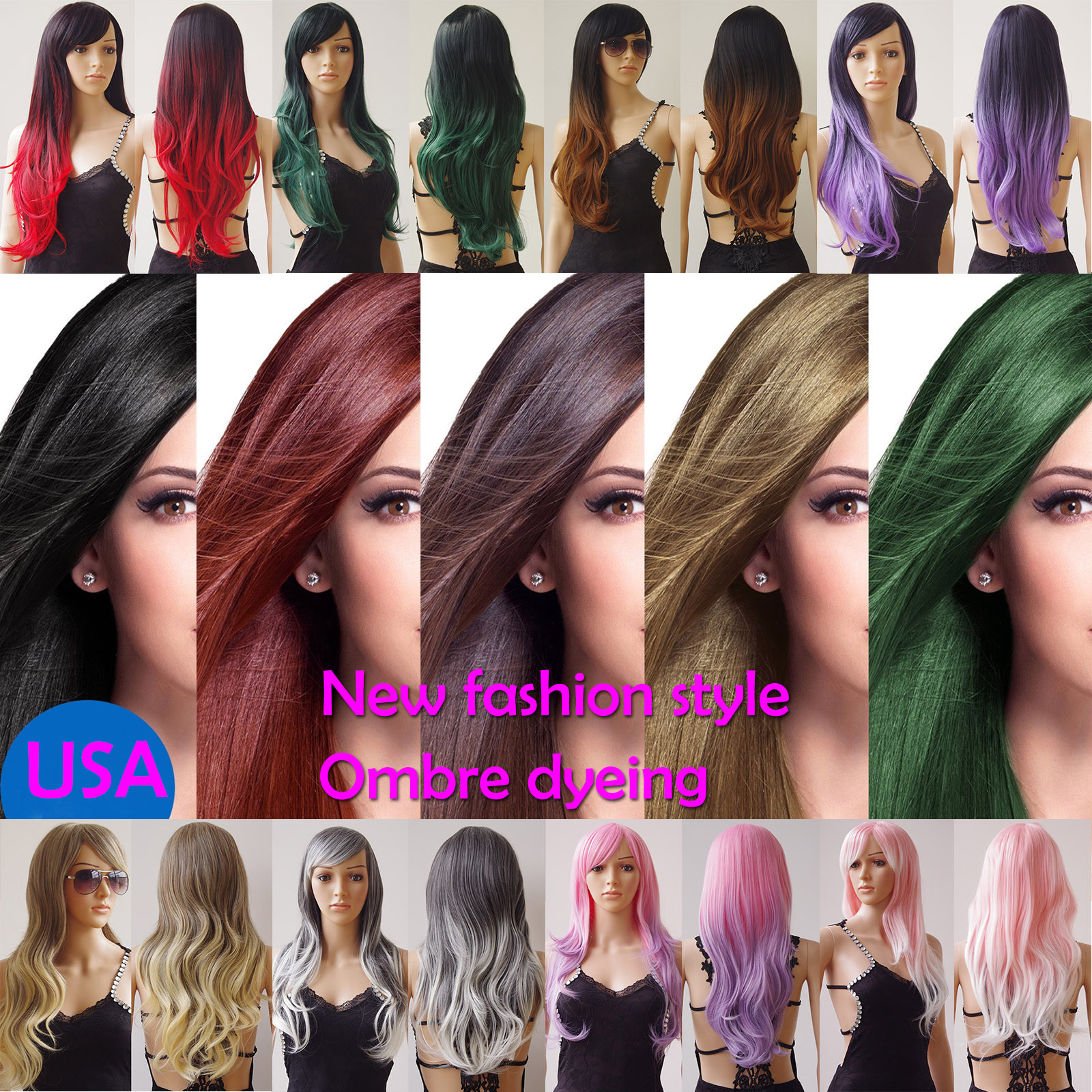 Hot Long Hair Full Wig Ombre Two Tone Heat Resistant Synthetic Fibre Wigs Thick