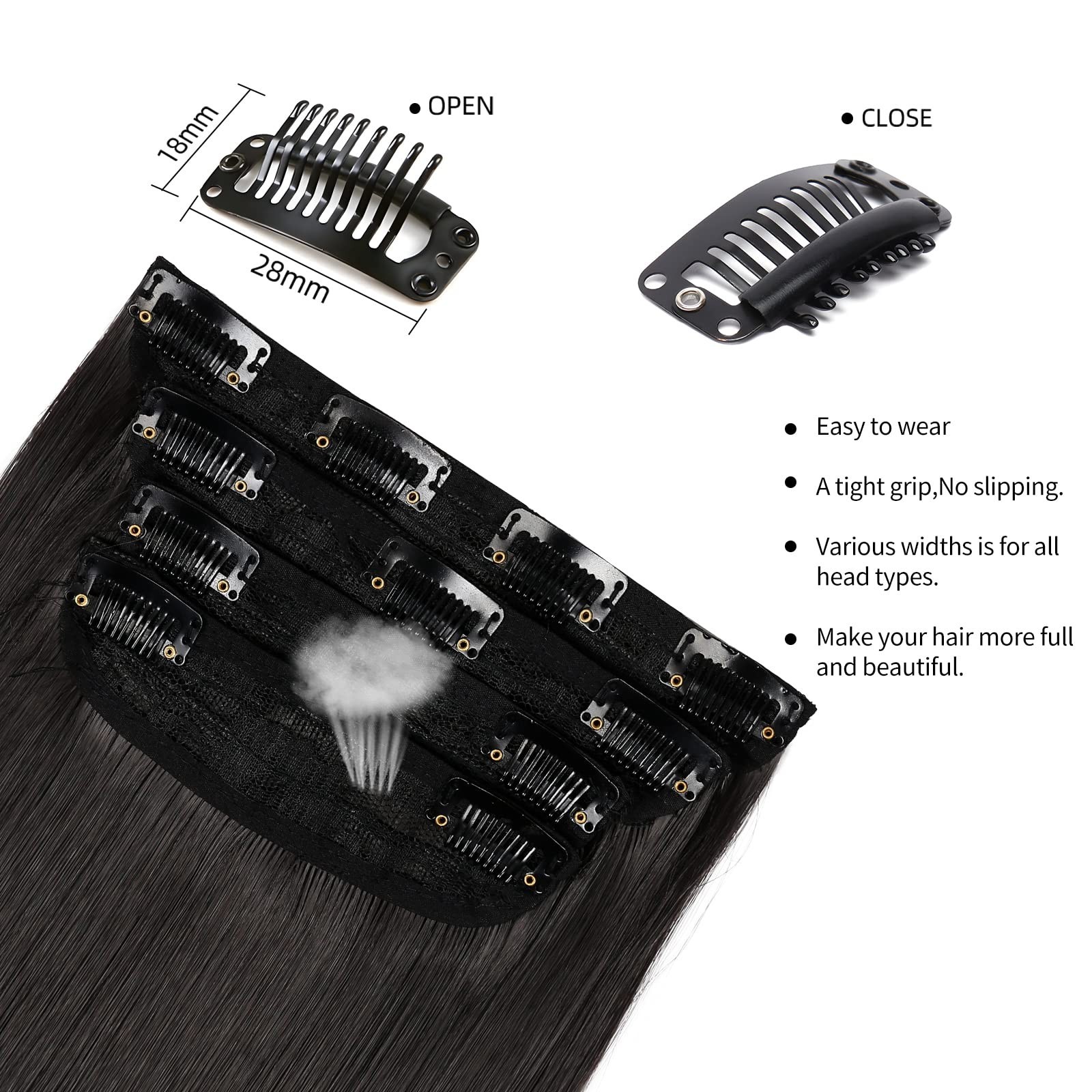 20″ Dark Brown-Black Clip-In Hair Extensions, Soft & Thick, 4pcs for Women