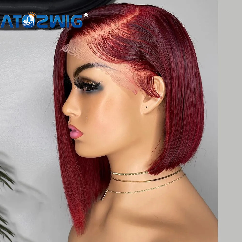 Short Red Lace Front Human Hair Bob Wigs Water Wave Burgundy Colored Pixie Cut