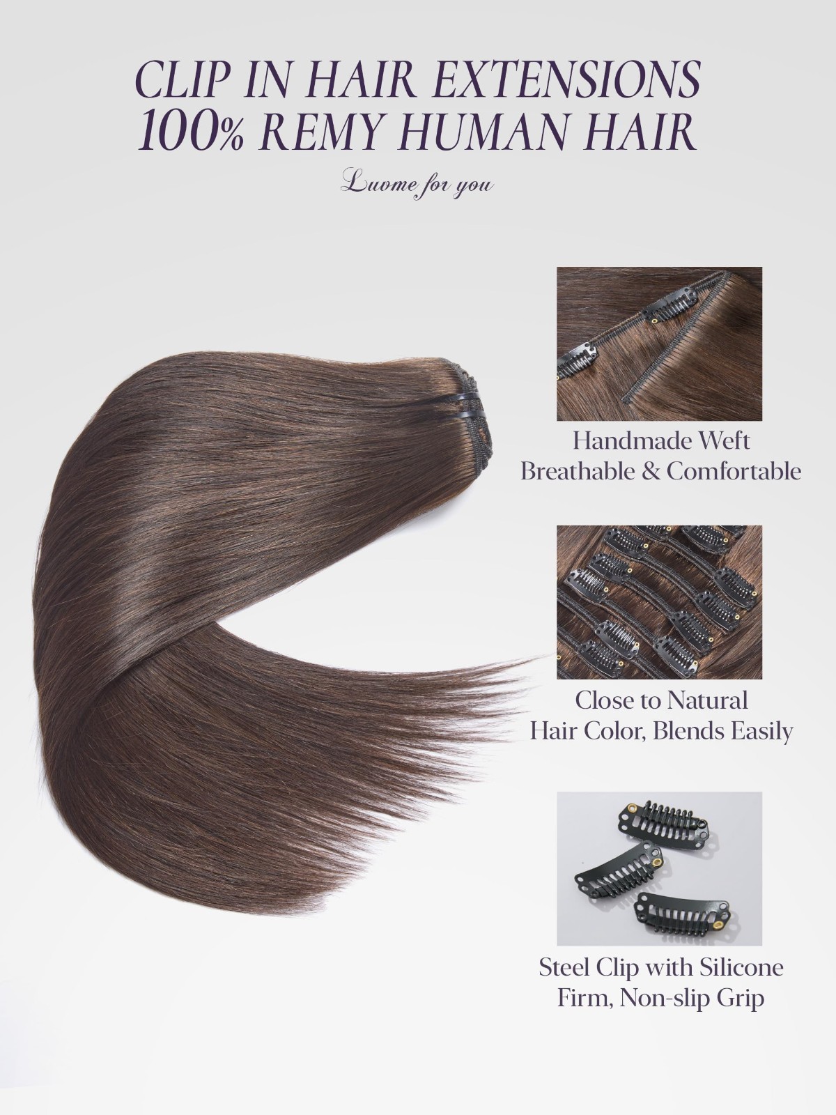 Handmade Clip-In Hair Extensions 18″ 120g 7pcs Rich Mocha Brown Straight Double