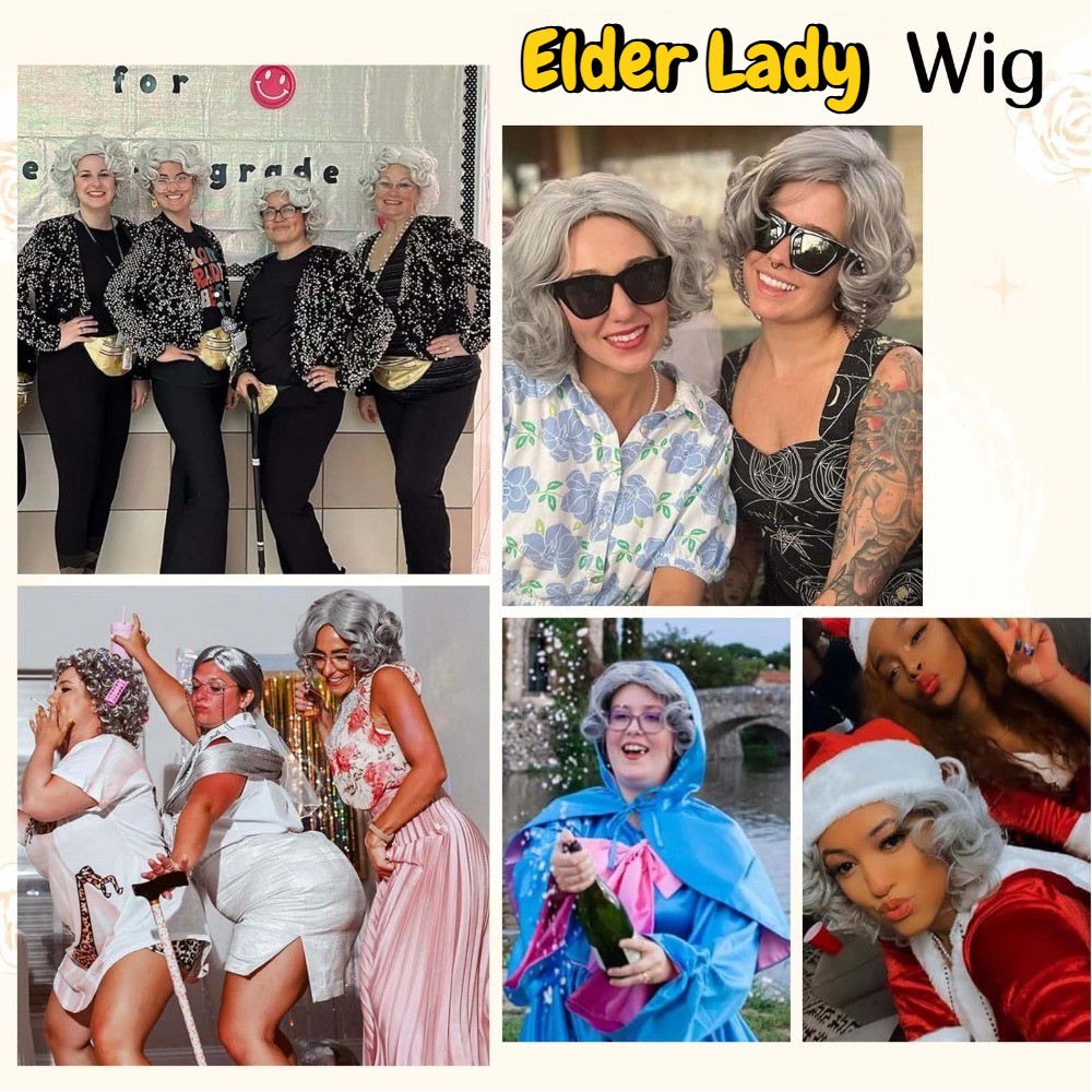 Granny Grey Wig Women Elderly Lady Short Beanie Hairpiece Universal Cosplay Wigs
