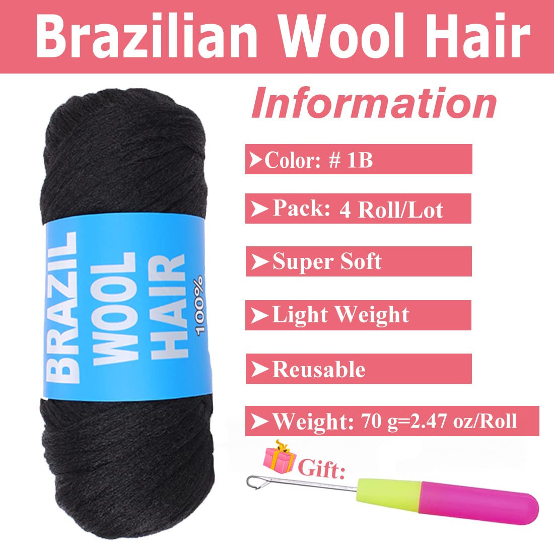 COOKOO 4 Roll Natural Black Brazilian Wool Hair for African Crochet Braids Seneg