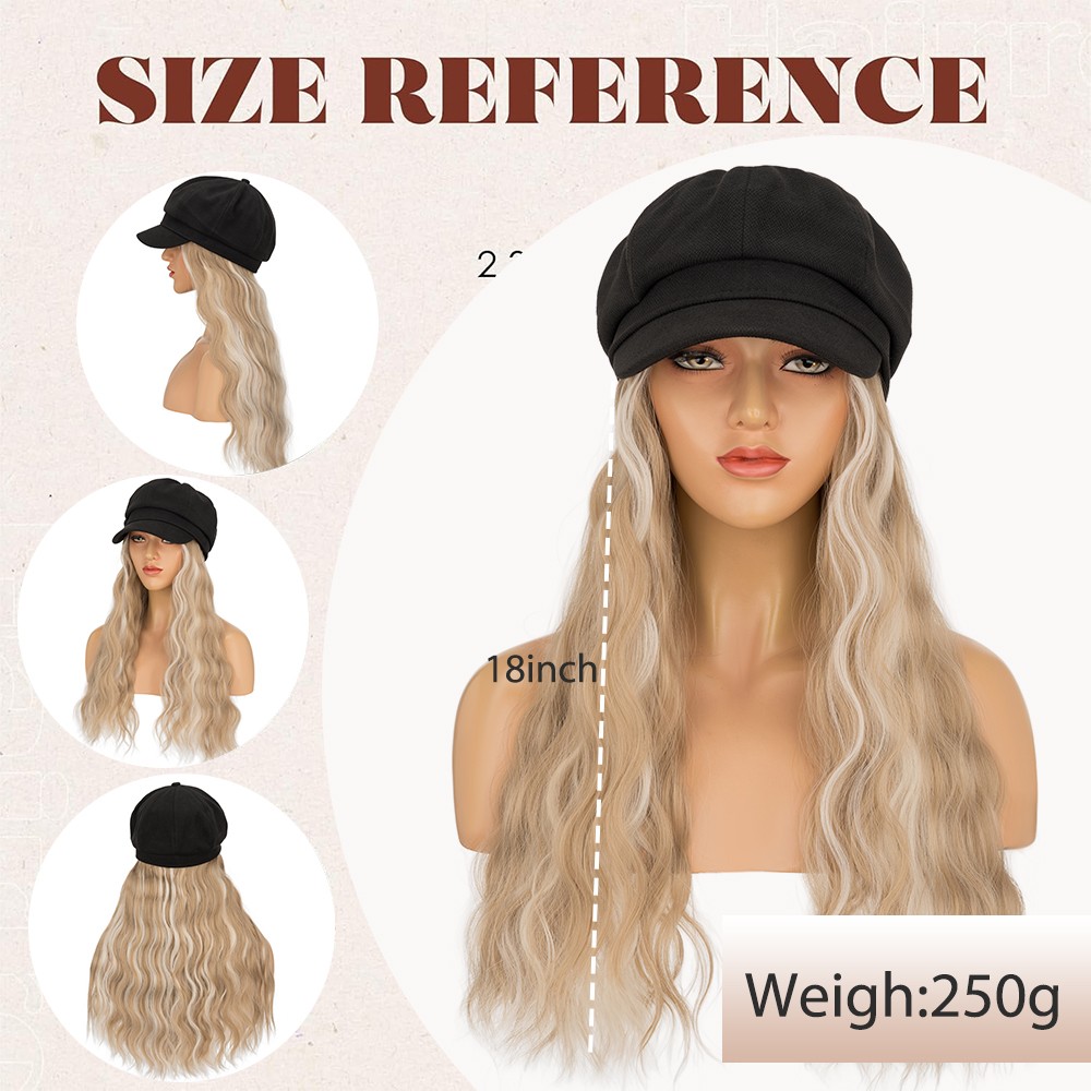 Bucket Hat Wig Black Newsboy Cap With Long Wavy Hairpiece 18″ Natural Hair Women