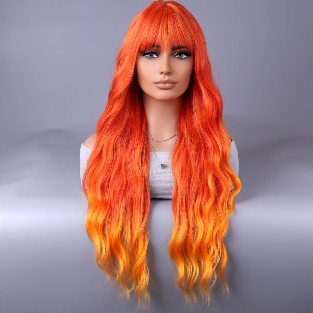 Long Wavy Wig Orange Ginger Yellow Balayage Wig Bangs Halloween long 28 Inch